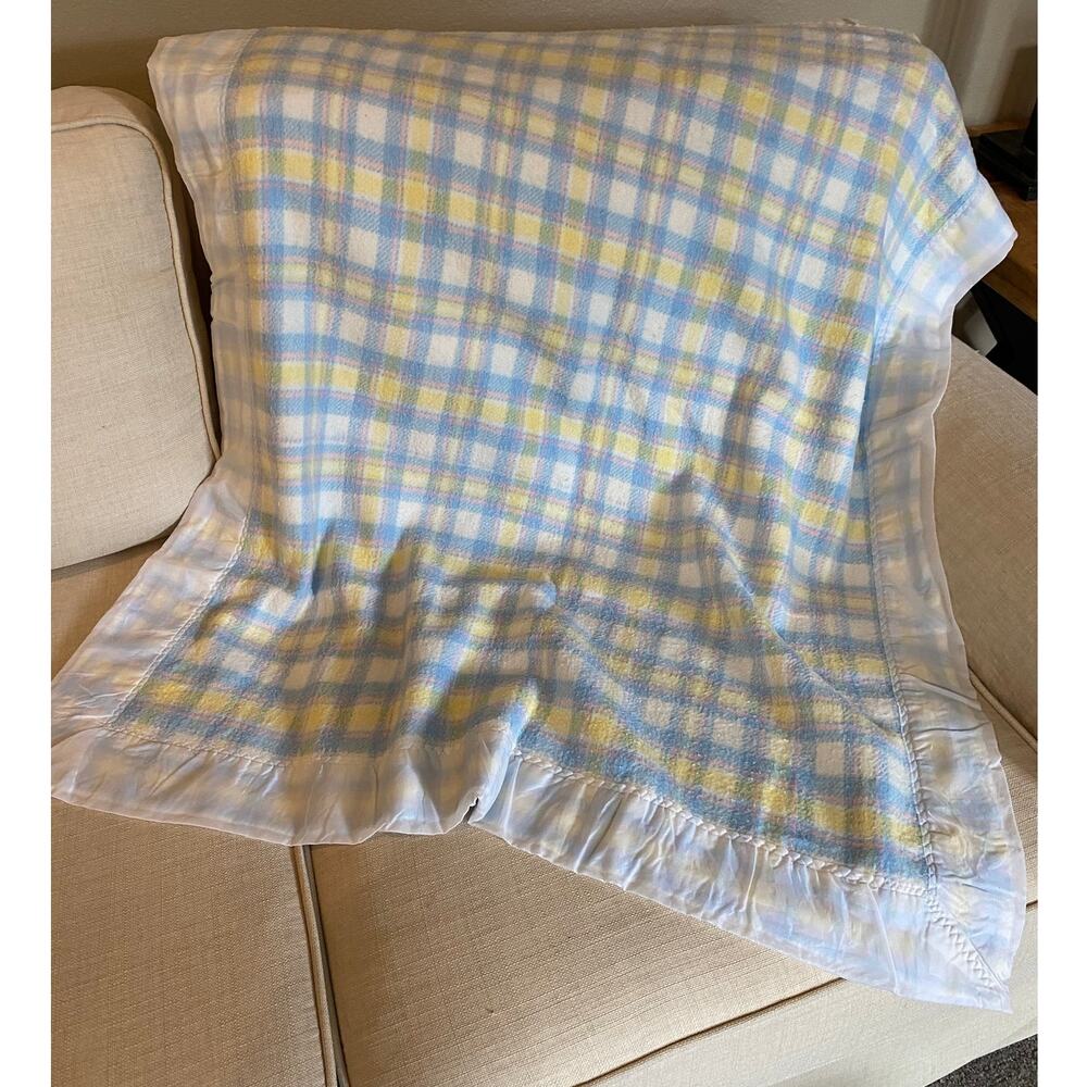 Vintage Quiltex Pastel Plaid Baby Blanket Acrylic w/ Satin Trim Pink Blue 36x44